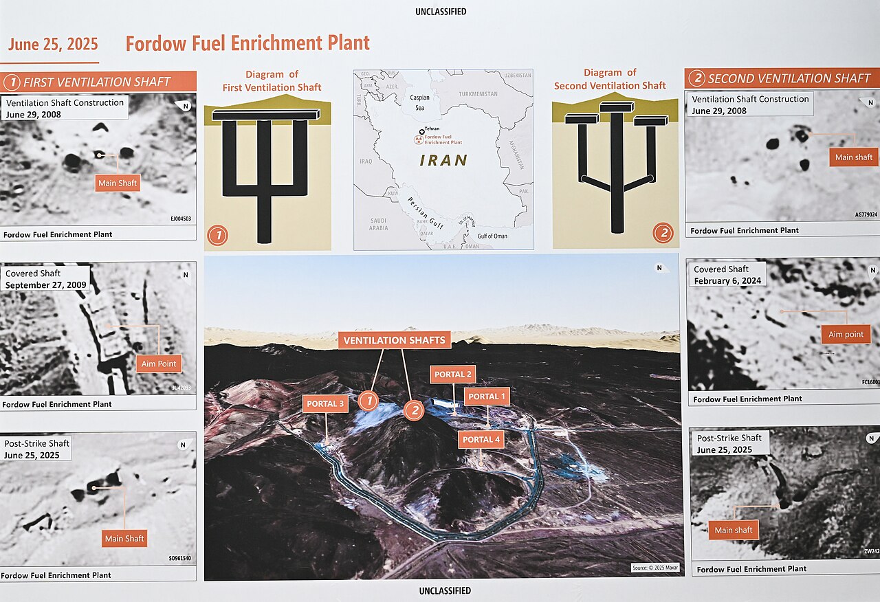 Pentagon briefing board showing Fordow underground facility layout and targeting geometry