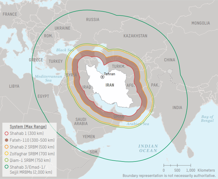Iranian ballistic missile range map informing is Iran going to attack the US risk analysis