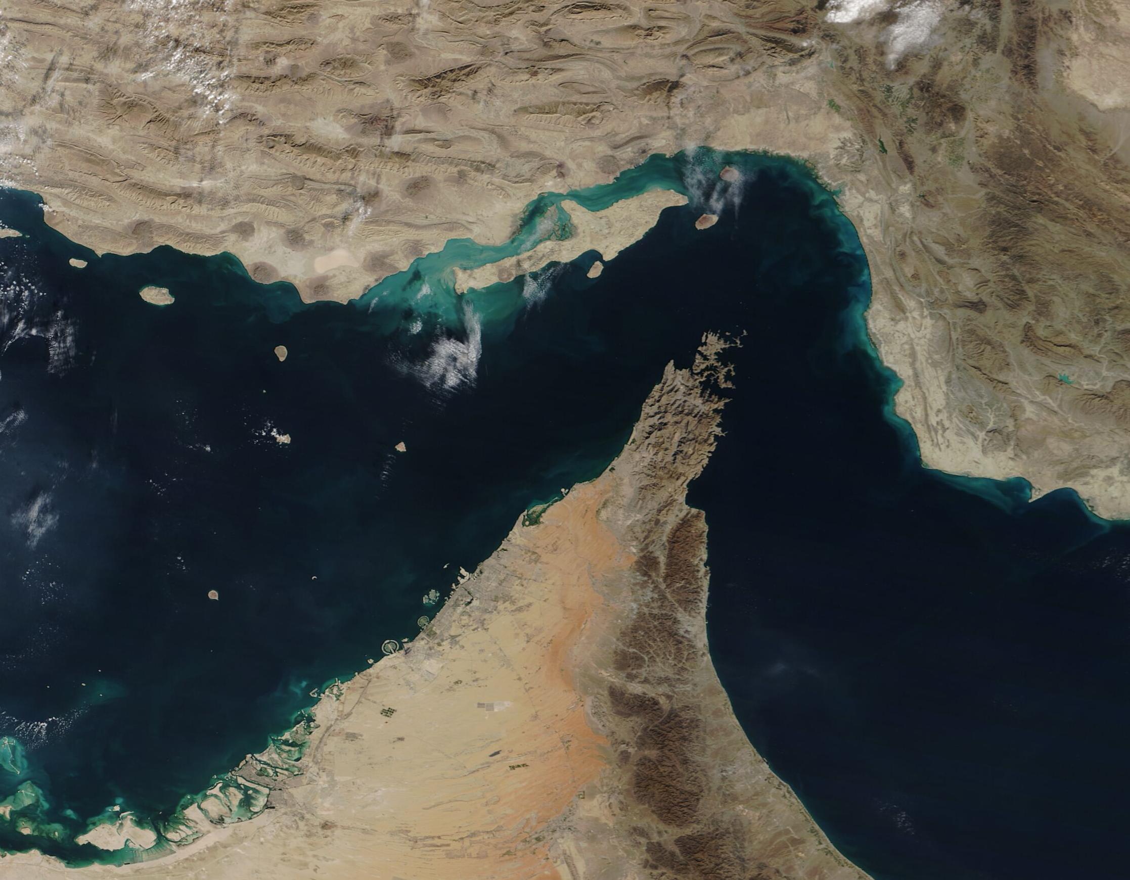 Satellite image of the Strait of Hormuz used in iran proxy groups map maritime risk tracking