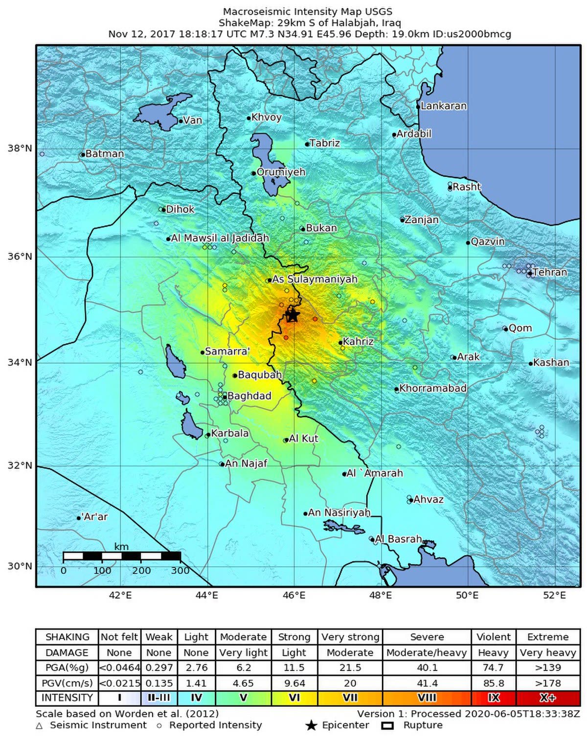 Iran-Iraq border shakemap illustrating terrain-linked disruption zones