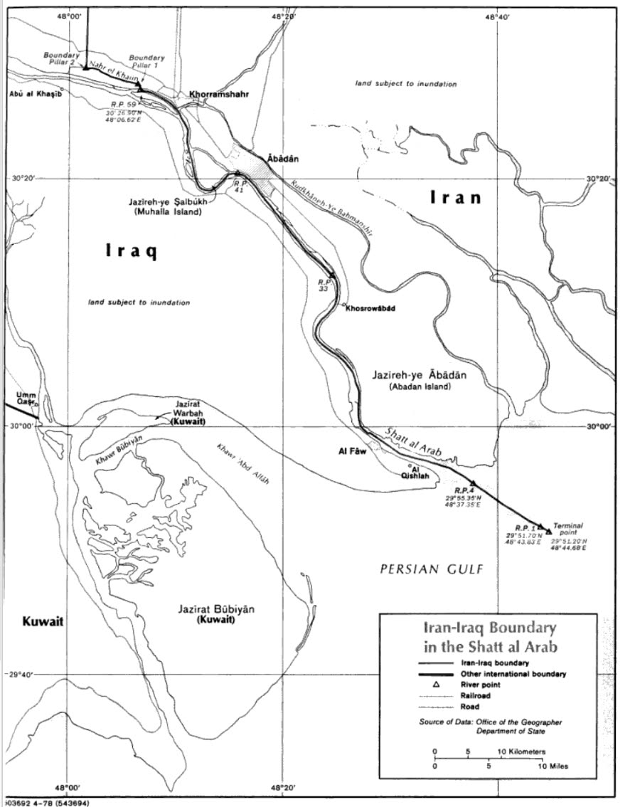 Shatt al Arab border map segment between Iran and Iraq logistics areas