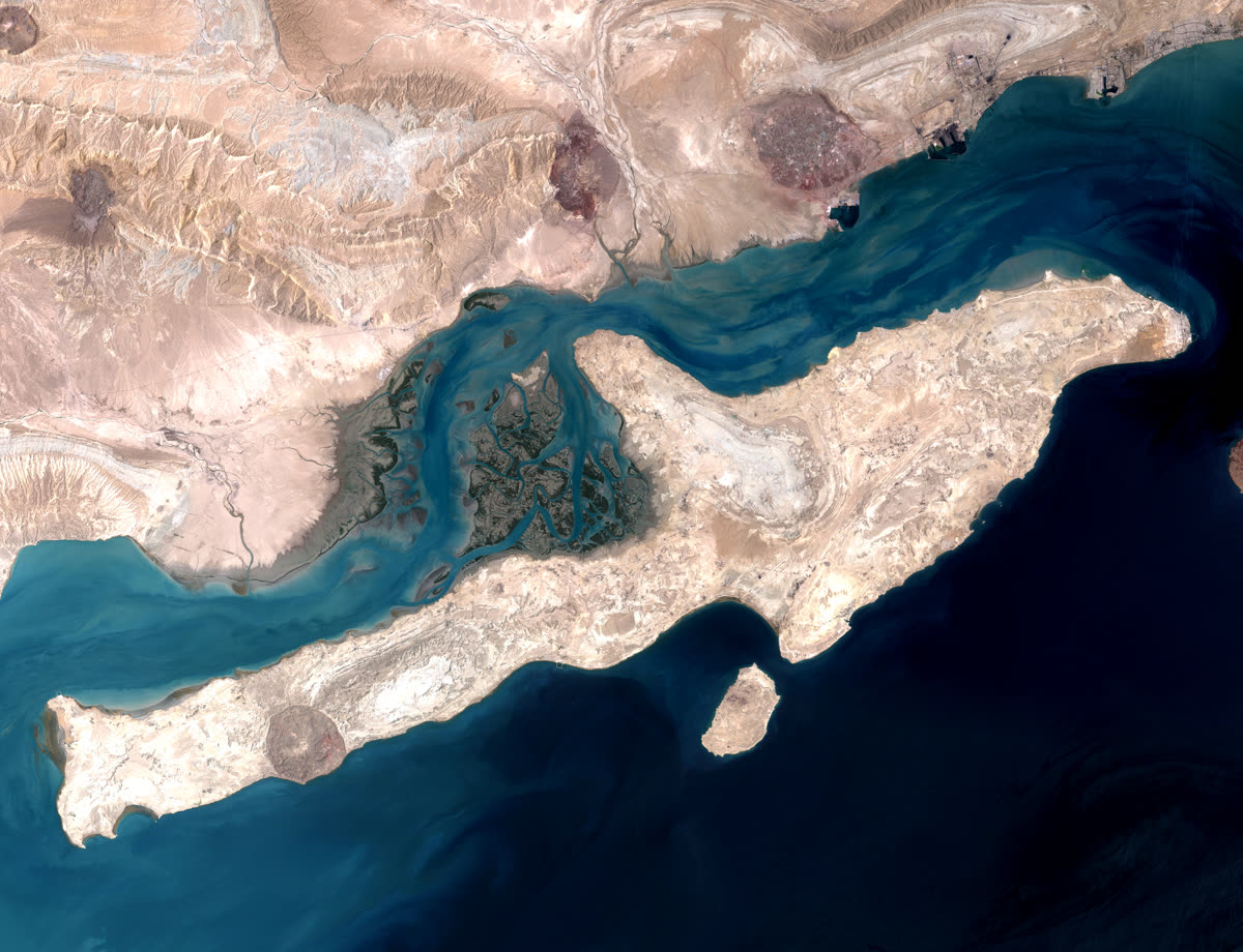 Satellite view near Qeshm Island along key Persian Gulf maritime routes