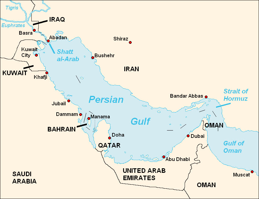 Reference Persian gulf map with coastline labels and navigation space
