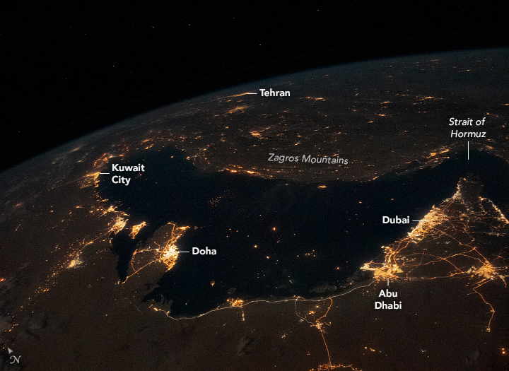 Night lights image of the Strait of Hormuz used for closure timeline monitoring of regional shipping routes
