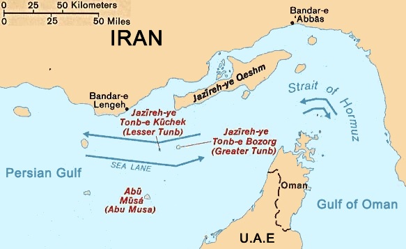 Overview Strait of Hormuz map showing narrow waterway geometry and nearby islands