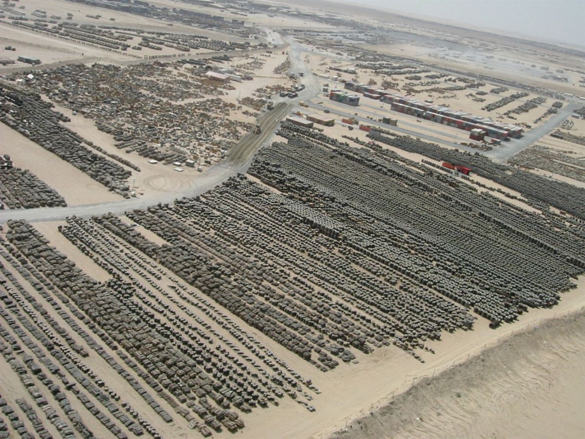 Logistics staging area in Kuwait supporting US troops in Middle East sustainment