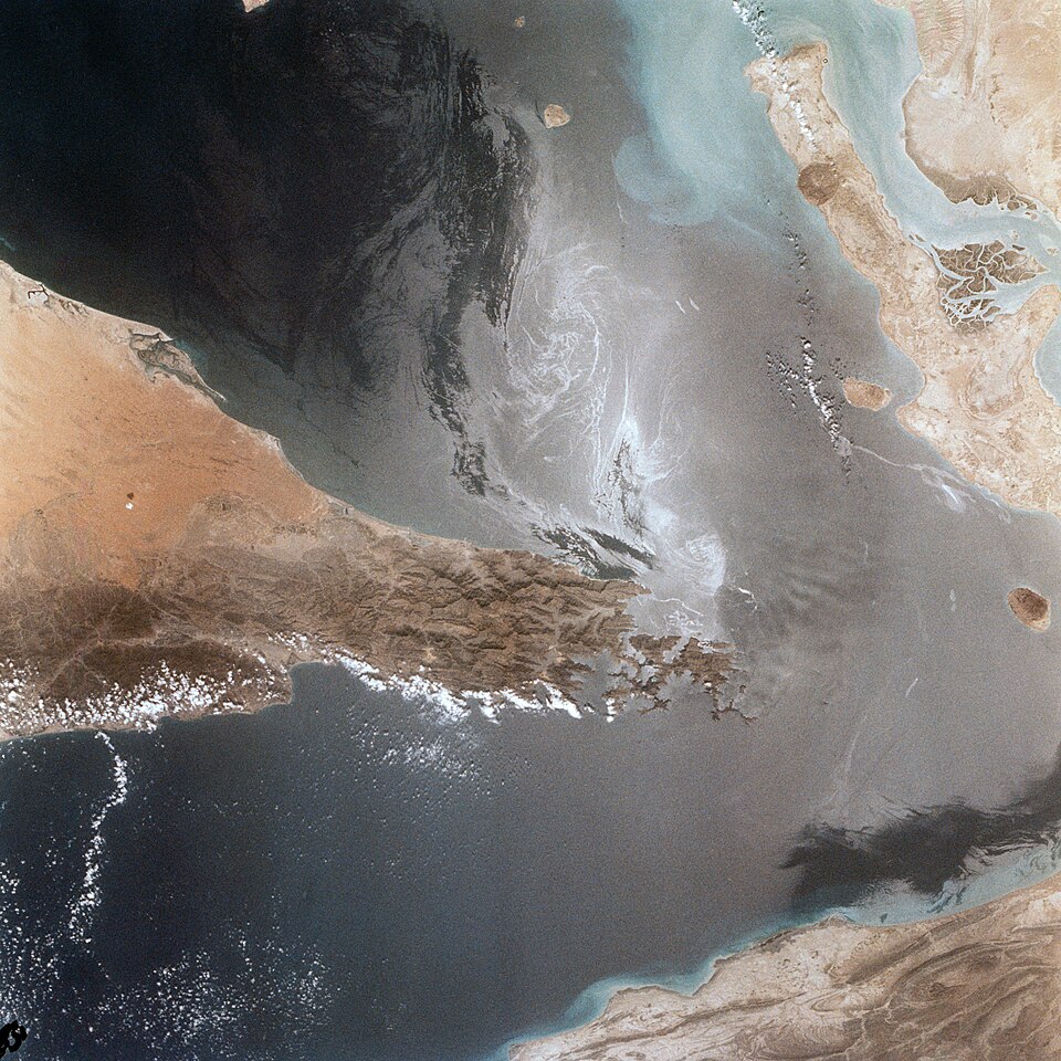 Satellite view of the Strait of Hormuz for Iran war stalemate and endgame analysis